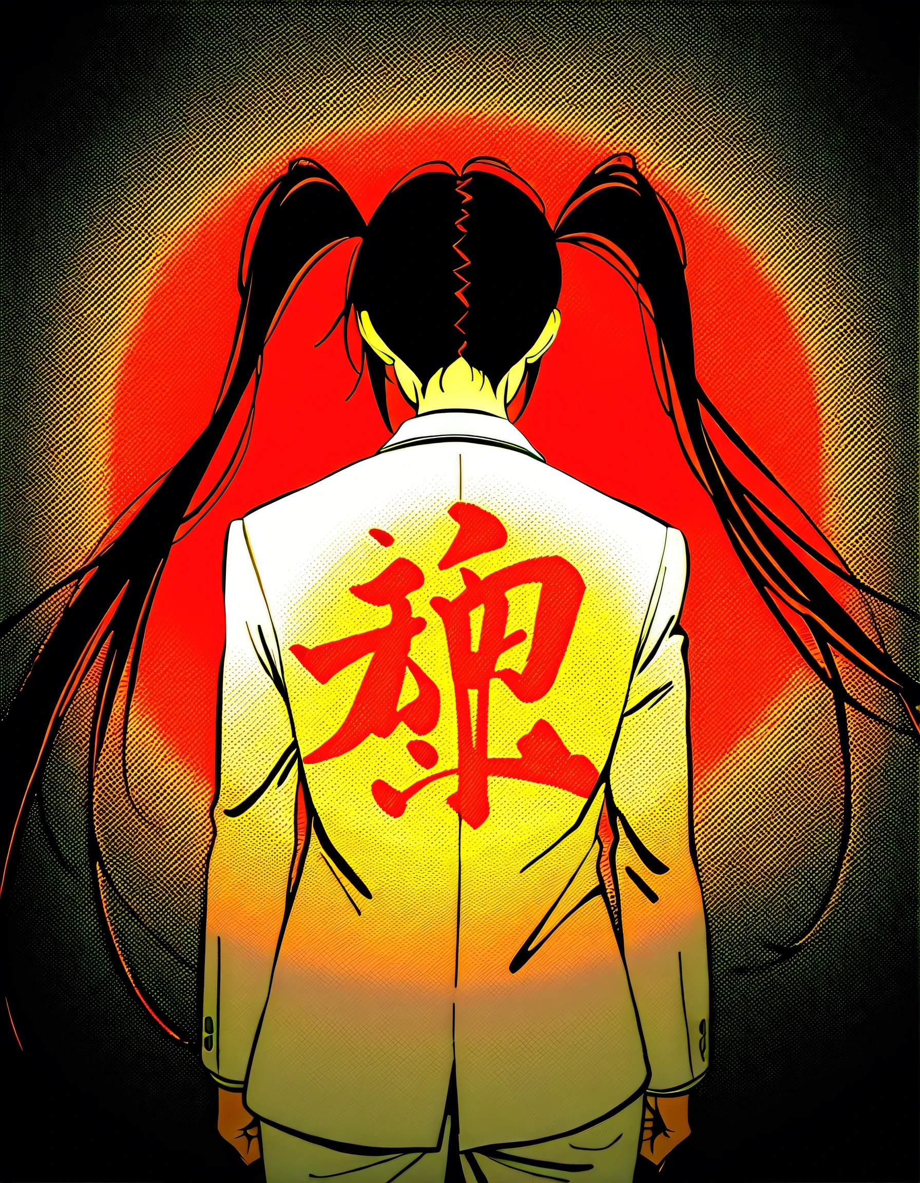 illustration, glitch art, Digital noise, hatsune miku, Deep and charming eyes, super detailed, Hatsune Miku wearing a white suit, American comic style, amazing moment,The girl in red, Back focus, flowing long black hair, Chinese painting, ink style. Four seasons, visual effects, Warm colors, Distortion-free composition, romantic, Smooth lines, flat canvas, HD textures, visual warmth, and tranquility.