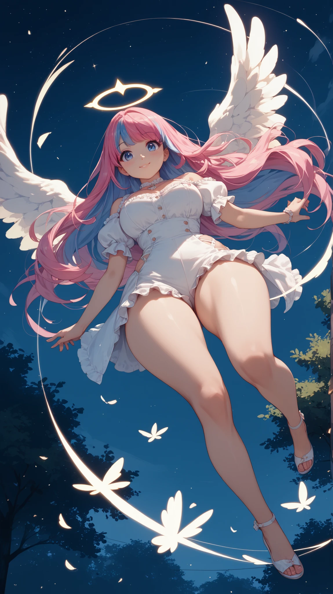 Works of masters,8K分辨率,depth of fields,Faraway view,Full body shot,Full Body Photo,(exquisite facial features),s the perfect face,Glowing skin,a beauty girl,20yr old,Blue pupil,cabellos largos dorados,Loose hair,huge tit,d cup,Pink V-neck camisole,Open navel,Angel halo on your head,Six white angel wings on the back,Short white dress,Barefoot,falling from sky,wings open,Skysky,baiyun,Spread your hands in a hugging position,With a smile,rays of sunshine,holy