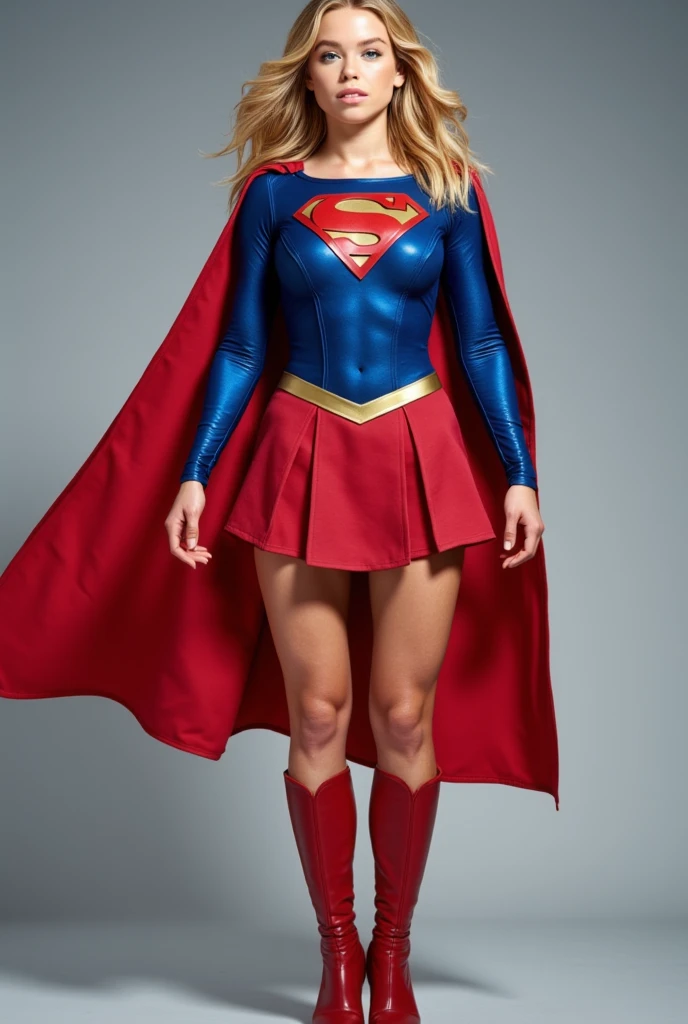 THE ORIGINAL 1950S SUPERGIRL WEARING A 1950'S SUPERGIRL COSTUME AND CAPE, HYPER REALISTIC.