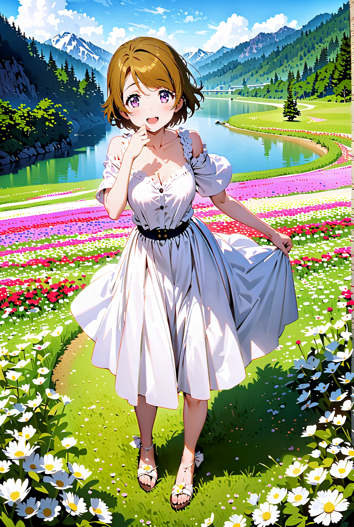 Hanayo Koizumi, short hair, brown hair, purple eyes,Medium breast, White Off Shoulder Dress, white long skirt,Heeled Sandals,standing,smile,cover,opens her mouth,noon,Flower Field,Mountain,river,nature,full bodyがillustrationsに入るように,break outdoors,nature,,
break looking at viewer,full body,
break (masterpiece:1.2), of the best quality, high definition, Unity 8k 壁紙, (illustrations:0.8), (beautiful detailed eyes:1.6), Highly Detailed Face, so that it fits into the illustration, Extremely Detailed CG, (perfect hand, Perfect Anatomy),