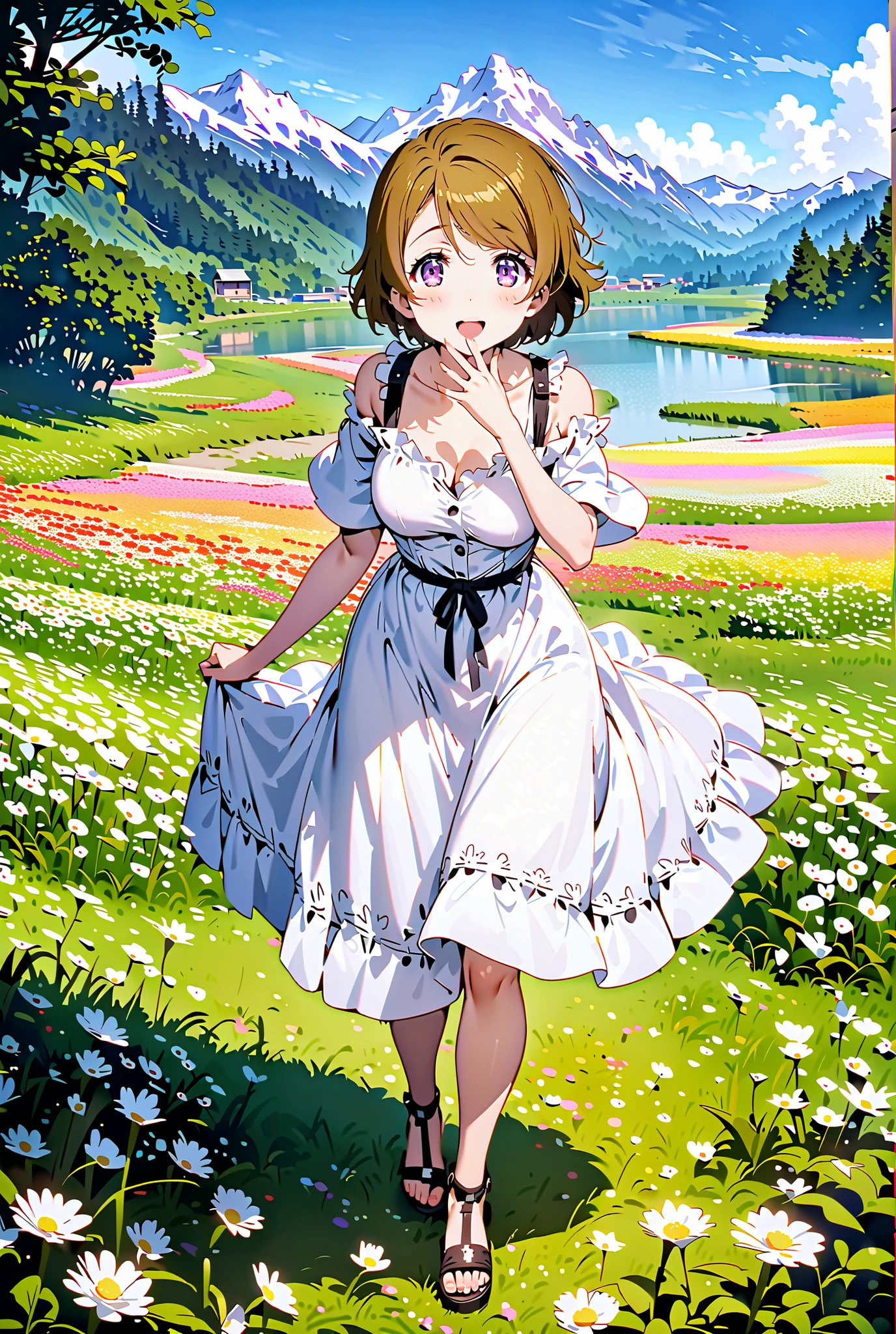 Hanayo Koizumi, short hair, brown hair, purple eyes,Medium breast, White Off Shoulder Dress, white long skirt,Heeled Sandals,standing,smile,cover,opens her mouth,noon,Flower Field,Mountain,river,nature,full bodyがillustrationsに入るように,break outdoors,nature,,
break looking at viewer,full body,
break (masterpiece:1.2), of the best quality, high definition, Unity 8k 壁紙, (illustrations:0.8), (beautiful detailed eyes:1.6), Highly Detailed Face, so that it fits into the illustration, Extremely Detailed CG, (perfect hand, Perfect Anatomy),