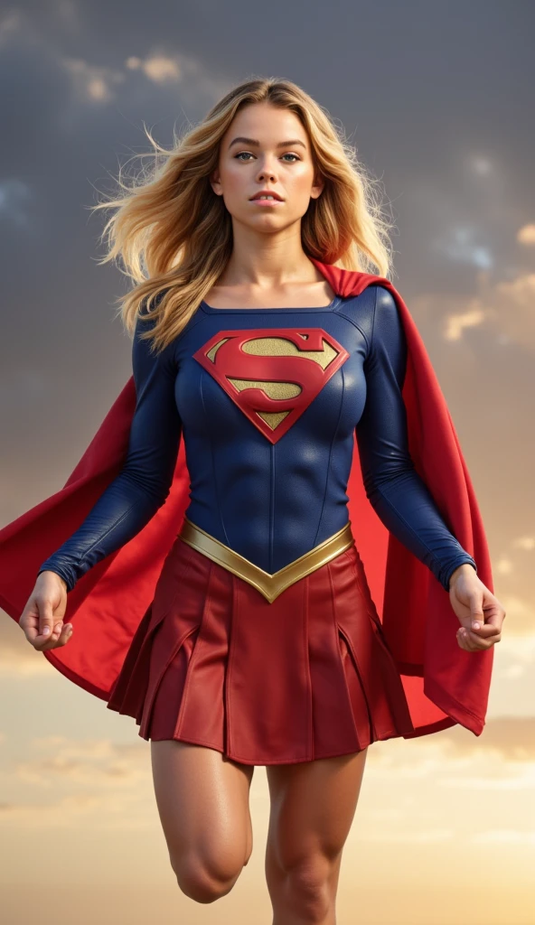 <lora:h3l3nsl4t3r:0.9>, a Realistic photo of h3l3nsl4t3r woman with brown eyes and blonde Hair style, looking at viewer, skirt, blonde hair, long sleeves, cowboy shot, cape, red skirt, clenched hands, realistic, arms at sides, red cape, soft lighting, professional Photography, Photorealistic, detailed eyes, RAW, analog, sharp focus, 8k, HD, DSLR, high quality, Fujifilm XT3, film grain, award winning, masterpiece