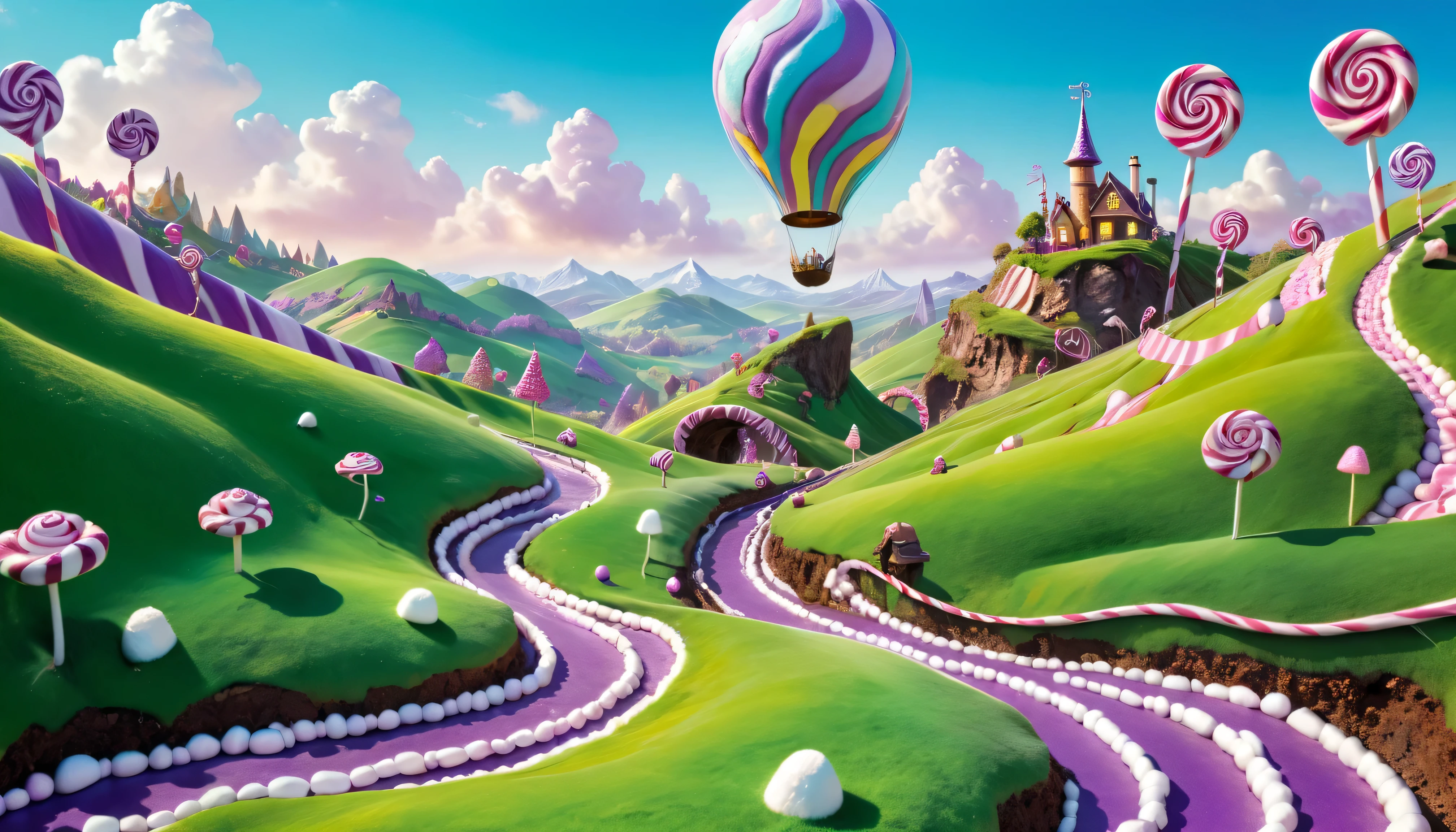 ( masterpiece, 8,000, 16K, ultra-high definition, best quality, Fantasy Illustration, Epic Imagination, ren's dream candyland), A man made of licorice is sailing along a chocolate river flowing through purple marshmallow hills, Sheep made of fluffy marshmallows,There are&My eyes graze on green sugar grass, A candy omelette The sun shines on the scene. Willy Wonka's Imagination, Perfect Dream, Candy Land Perfect, Created by God Himself, Edible Fantasy, Everyone's Wish.