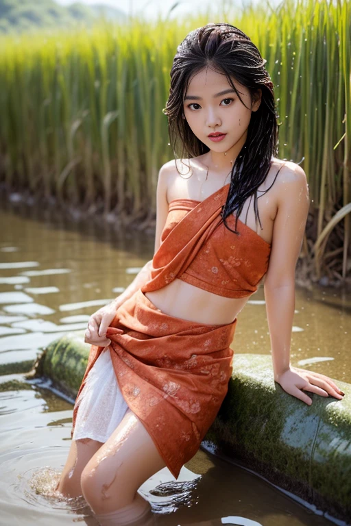 A Beautiful Girl, korea, 1man, Fair-skinned, full body image, 18-20 years old, (gorgeous face, face shape., beautidul eyes, Beautiful Nose, Red mouth), (long-haired), ((Thai sarong, pink, thin)), ((bathe)), ((enormous breasts, breast augmentation, huge breast)), (((ผอมthin, ผอมthin, Flat stomach, beautiful legs, Slender Legs), (body dripping wet), (((no underwear.))), Thai rice fields, folk, natural