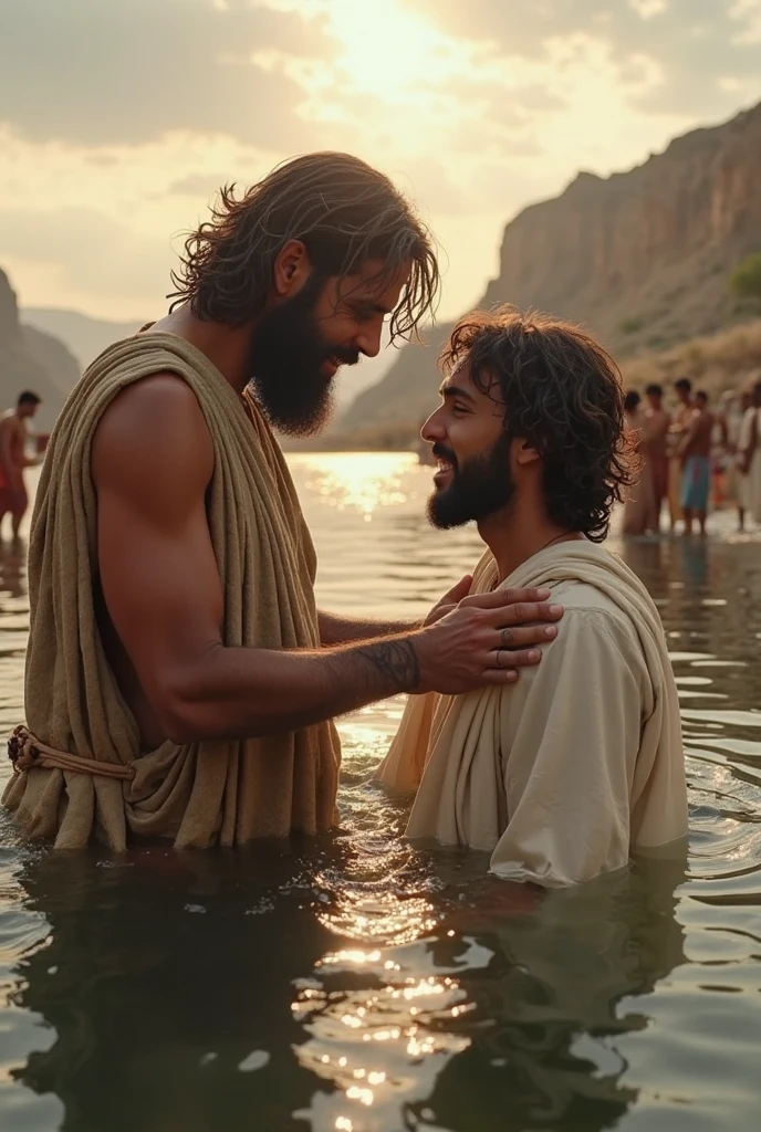 biblical history,
John the Baptist baptizing Jesus in the Jordan River, in the background several sinners