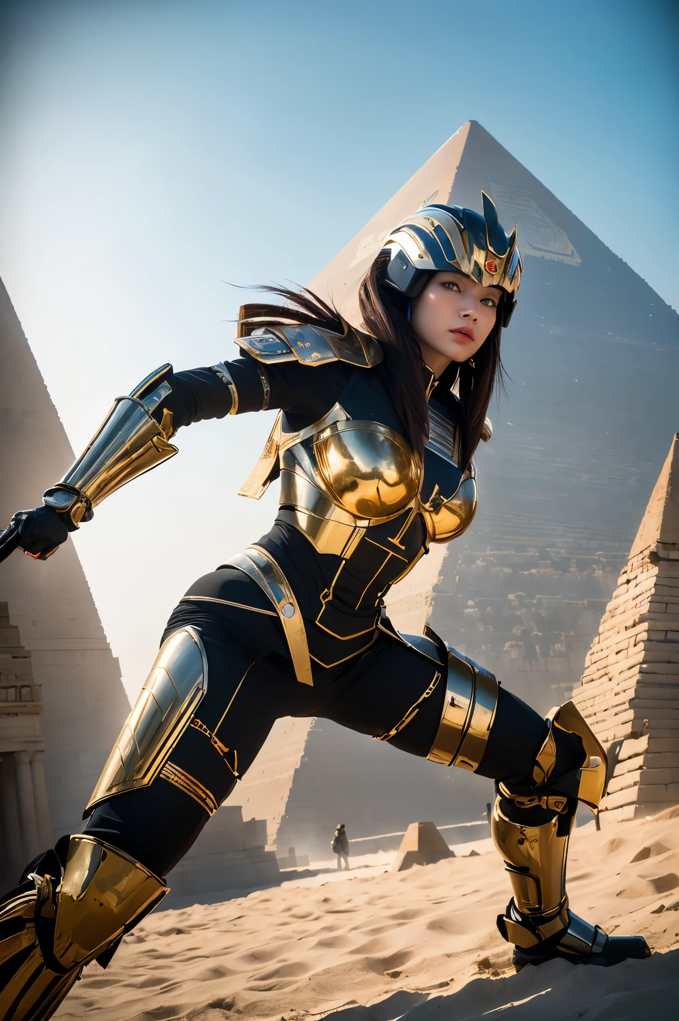 ((of the best quality、8k、masterpiece:1.3))、realistic, sharp concentration, high definition, high definition, portraits, 1 person, female, beautiful female, (((action pose)))、ancient Egypt、 Cyber Battle Suits、Complex technology, pyramid、ancient Egypt都市、 light and shadow 、Laser light、Copper-colored hair