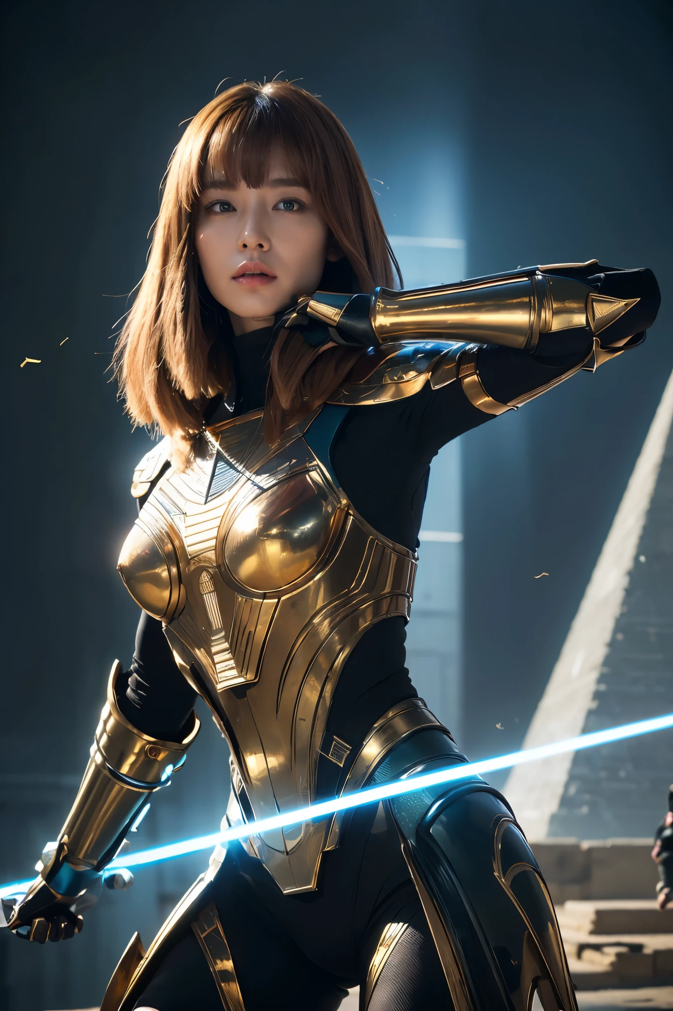 ((of the best quality、8k、masterpiece:1.3))、realistic, sharp concentration, high definition, high definition, portraits, 1 person, female, beautiful female, (((action pose)))、ancient Egypt、 Cyber Battle Suits、Complex technology, pyramid、ancient Egypt都市、 light and shadow 、Laser light、Copper-colored hair