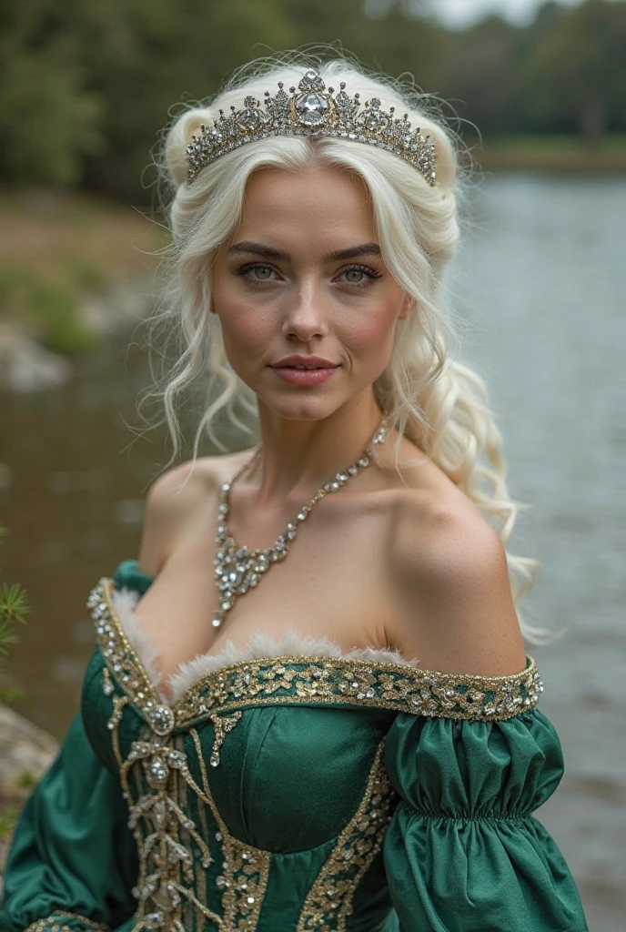 body shot, fair complexion, gorgeous voluptuous vampire woman around 19 years old, curvaceous body, cleavage, thin waist, thick large hips, walking in the forest, natural white hair, distinctive green eyes, wearing kohl, slender and graceful, beautiful, candlelight in a medieval setting, ultra sharp focus, realistic shot, medieval female clothes, tetradic colors (scar:1.4)