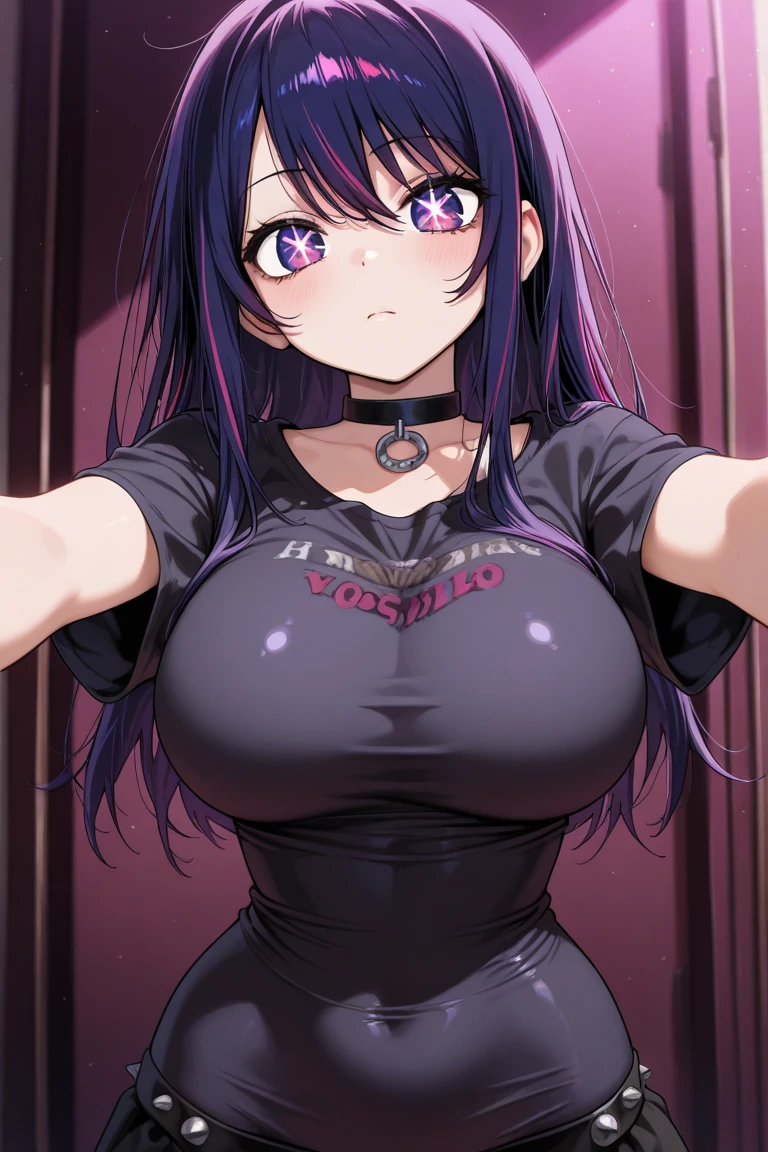 masterpiece、ighly detailed、(1 girl in:1.2)、purple color hair、strapless open shoulder kimono、big eye、big breast、a closeup、Naughty smile、8K 、Ai Hoshino、Live performance venue、Star Eyes