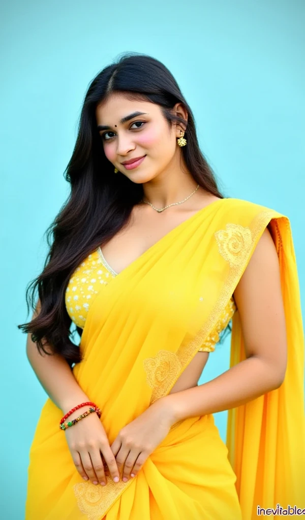 Indian girl wear jewellers dress type yellow skirt and tiny bra. In front of camera realistic body