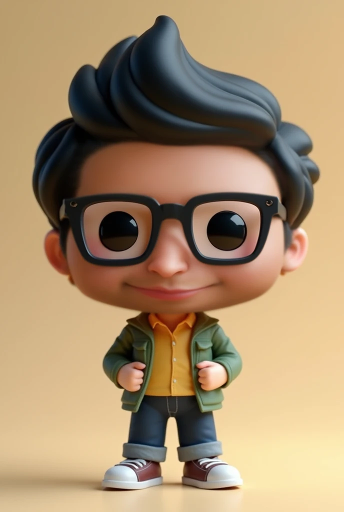 guttonerdvision3, a 3--old  wearing glasses, light brown skin, skin details, smiling, wearing social clothing and tie. Television news scenario. Chibi style drawing, detailed, unreal engine, background blur, 8k