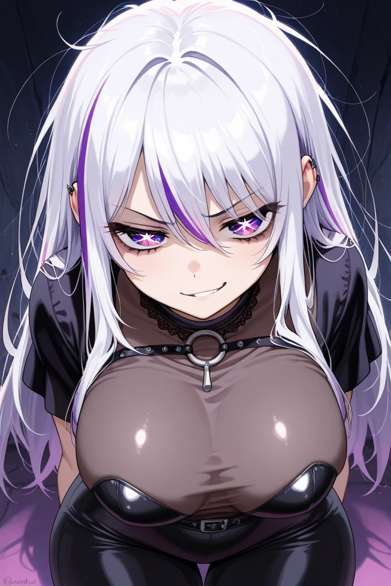 (masterpiece:1.2), best quality,pixiv, Beautiful rebellious girl,portrait,
1 Girl, have, open mouth, Glossy lips, White hair, Solitary, mischievous smile, Long hair, ,拴着铁chain的 Collar,, Pink eyes, earrings,, Long eyelashes, From the front, Upper Body, Clothes Writing,Huge bust、Protruding chest、Super huge、Huge breasts, chain, Barcode tattoo, portrait, sticker, Hoodie, Smiling Peak, Collar,Huge bust,Long hair,Drool,Milky saliva,Showing breasts,Black mask,Black helmet,Heart pupil
