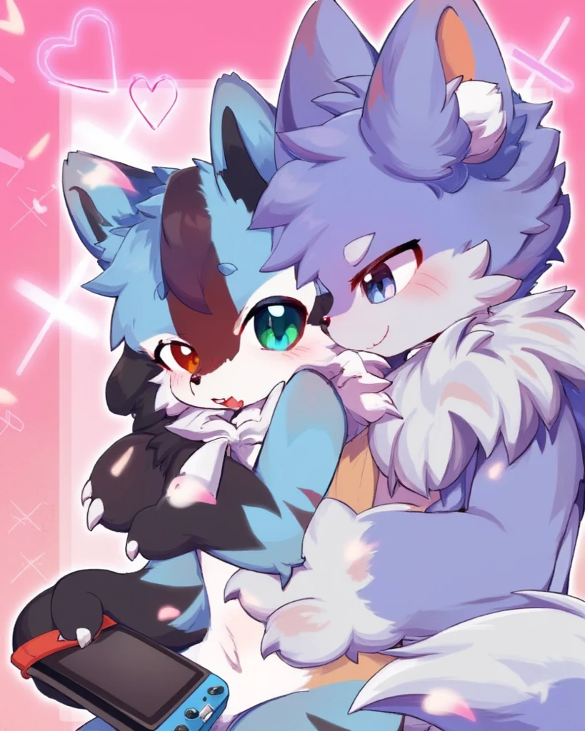 score_9, score_8_up, score_7_up, Emote, high quality, high res, highly detailed face, white background,
Purple lynx, furry, eyeliner, eyelished, femboy, kemono, black eyeshadow, long hair, wavy hair, collar, shota, head tuft, shoulder tuft, chest tuft, purple fur, purple hair, fluffy, shirtless, looked pleasured, disheveled, black lipstick, seductive, teasing face, cute fangs, nipples, hair over shoulders, 1boy, 1girl, female lycanroc, red fur, breasts, vagina, fingering, grabbing breasts, by skeleion,