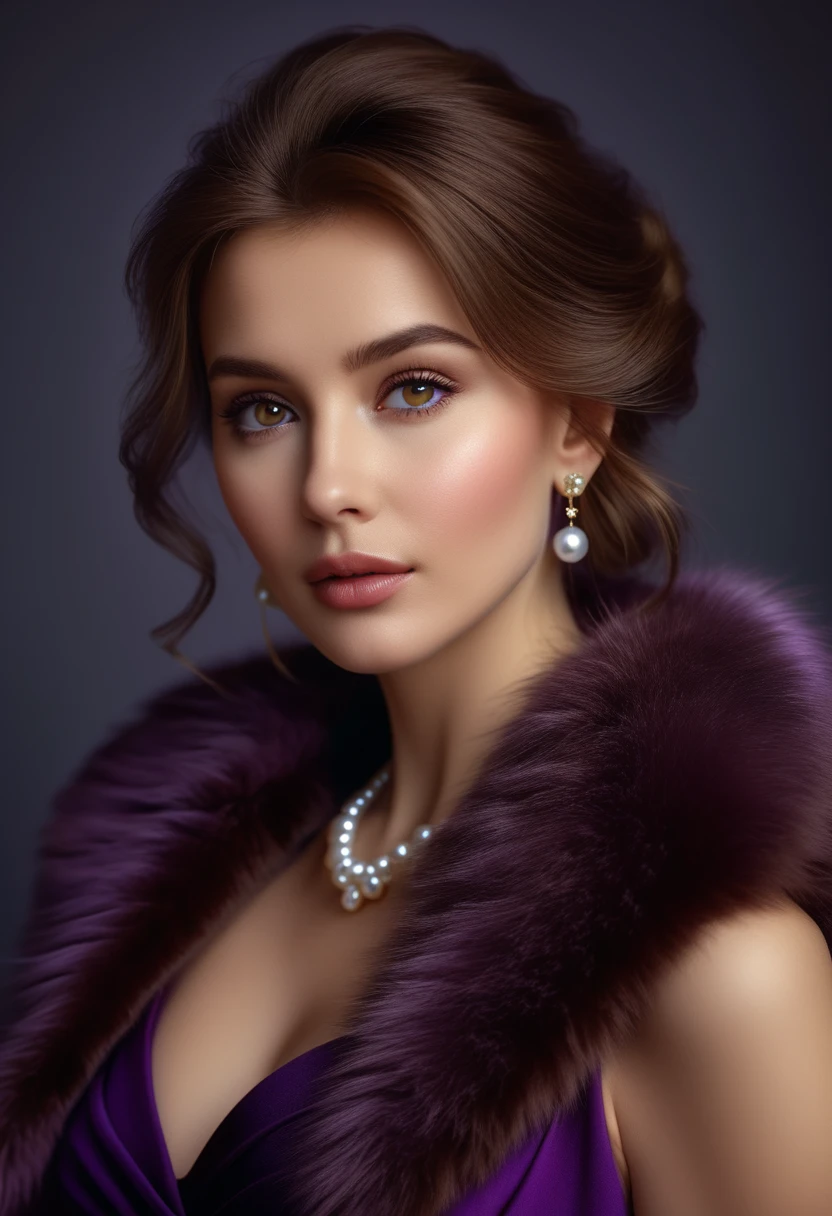 Volumetric lighting, Brown-haired woman with brown expressive eyes and a purple dress with a fluffy fur collar, soft Portrait shot 8 k, glamorous portrait , фотография Glamourа 4k, beautiful brown-haired, Portrait shot 8 k, girl with a pearl earring, gorgeous woman, Portrait shot , high quality portrait, brown-haired, portrait, color, Glamour, photo of a beautiful woman, elegant portrait, elegant woman , Masterpiece, style of high quality