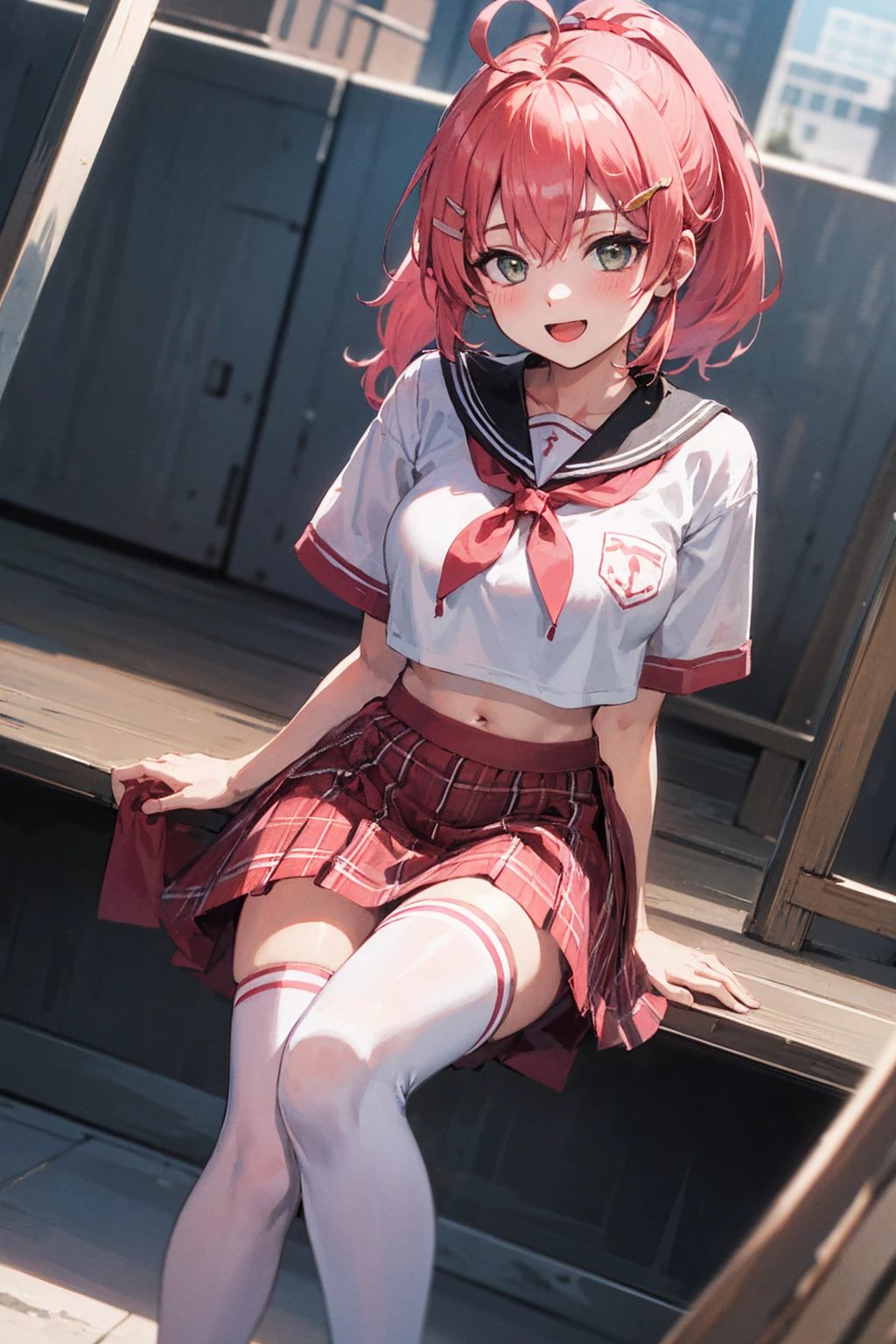 (photorealistic:1.5, highest quality,masterpiece,High resolution,muste piece),snow mountainに立つ1人の23歳の女性,cyber punk,(red flared skirt,Red combat uniform,choker,knee high socks), detailed eyes:1.7,detailed eyes:1.8,beautiful skin:1.8, (looking at the camera:1.2),(Photo seen from the front bottom:1.3),(Short Hair:1.2,bright pink hair:1.5), expression( Shy Smile:1.3,blushing:1.3),Pause( Seductive pose:1.5),background(snow mountain:1.5,ruins,apocalyptic world),(Medium chest,slender, abs:1.2), (Underwear visible through clothing),(Butt visible through clothes),(detailed perfect face),normal hands:1.5,normal finger:1:5,normal feet:1.5,(cameltoe)