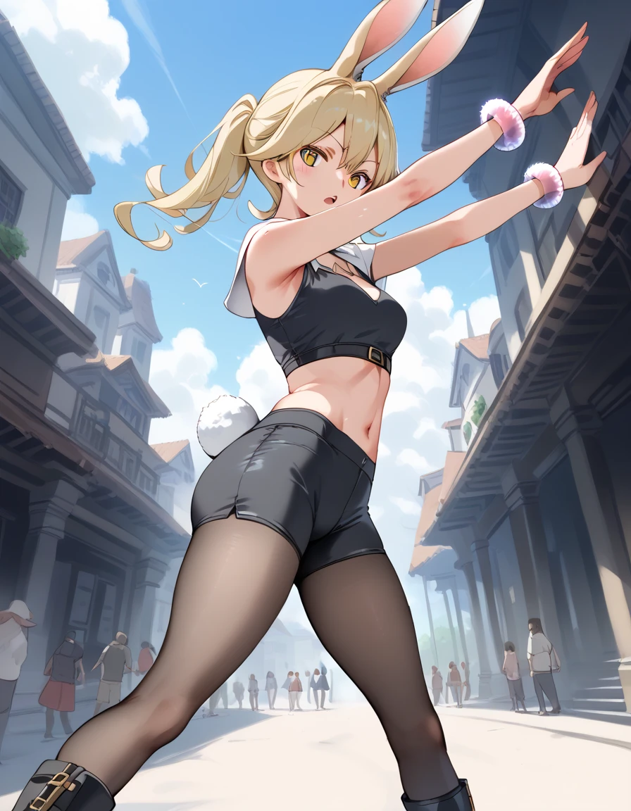 (((grayscale)))(masterpiece:1.2, best quality), (graffiti wall:1.15), 1lady, beanie, jacket, Leggings, blue eyes, fullbody,1girl,dancing,smile,pole_dance,blush,beautiful_bronde_hair,beautiful_red_eyes,1_beautiful_girl,cute_face,beautiful,perfect_quality,perfect_anatomy,perfect_hands,masterpiece,show on the stage,light up on the stage,Excited 100 audiences,dark room,tanktop,short_hotpants,Navel_exposed,brown_boots,perfect_quality,beautiful,Eiko Tsukimi, blue eyes, braid, twin braid,(((blonde hair))),baseball cap
