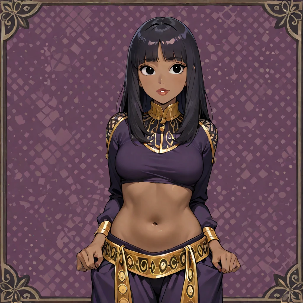 [a handsome, sexy mature woman with a seductive smile and parted lips stands against a white background. darkskin, She has sharp eyelashes, eyes purpura, and long black hair with bangs. His figure is voluptuous, with a narrow waist, Broad Hips, and huge breasts. The image has an impact, Genshin-inspired style, rendered in high detail and HDR quality as a stunning work of art.]