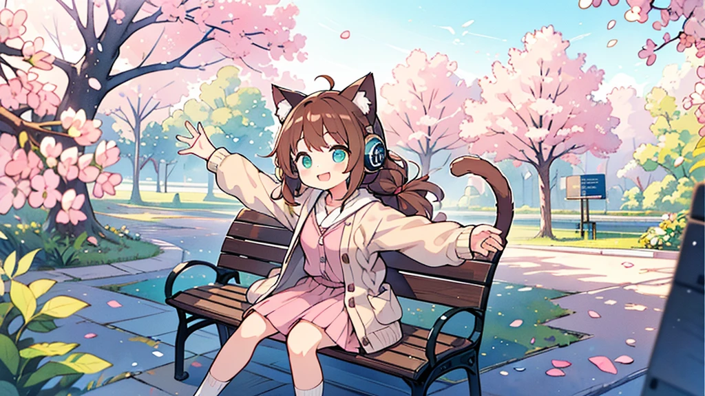 Girl sitting on bench with cat and butterfly、Yawning face、Open one eye、season!!: 🌸 ☀ 🍂 ❄