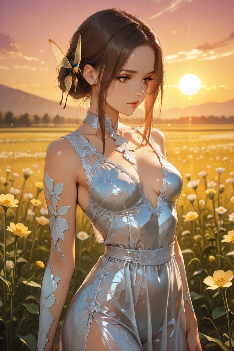 The best one,Yuna,Final Fantasy 10,FF10,Medium Hair,Brown hair,Let your bangs down,Beautiful green and blue odd eyes,,Beautiful and tall nose,White ruffled dress,Photorealistic,Ultra HD,high quality,masterpiece,Digital SLR,Detailed details,Intricate details,Anatomical basis,Depicted in detail,A detailed face,Realistic skin texture,Vivid details,Perfect Anatomy,Perfect Anatomy,Anatomically correct hand,Anatomically correct fingers,Super Detail,Complex 3D rendering,Huge ,Sexy pose,美しいFinal Fantasy 10の世界観,Beautiful night view,Fantastic night sky,Beautiful blue tulip field,Picturesque,Photograph the whole body,9 heads,Pink Lips,Highlight your beautiful whole body,A sloppy smile,
