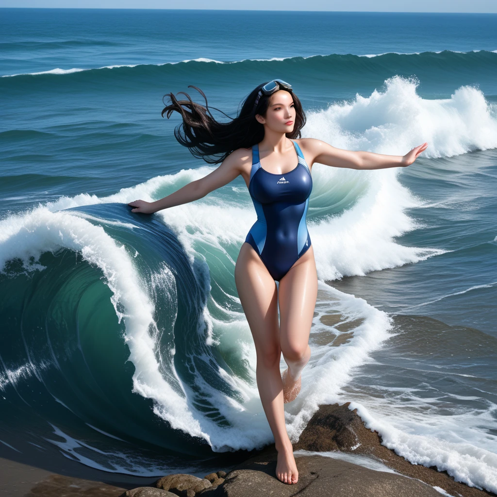 (((full body view))) of a (((stunning))) beautiful woman with ((( extremely long wet, black hair)) flowing down her back in a (((tight outfit))) ((bikini)) swimming in ice water in Iceland. (((smiling))). (((black hair))). (((blue eyes))). ((realistic detailed skin)). (((busty))). ((sensual)).