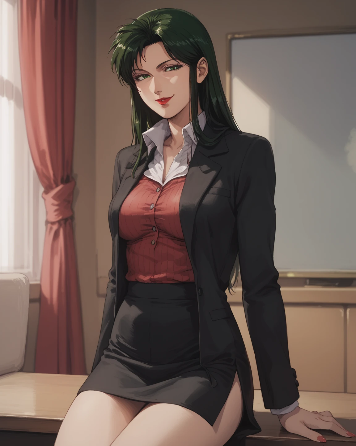 Yamashina Mizuho, masterpiece, best quality, Female((22-years old)), hair((Straight, Green)), Eyes((smart Eyes, Green)), Clothes((New York Fashion Week, light Green)), Smiling, Breast Out, Ponytail, Accessories, jewelry,