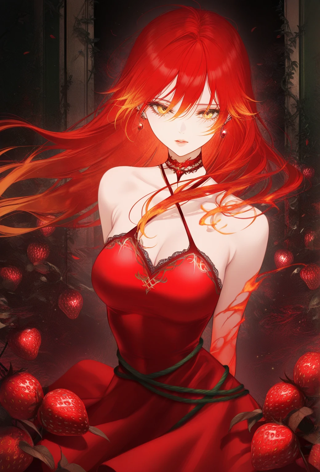 Damsel in distress. Human woman (young 18. red miniskirt (damaged and torn), red fishnet top) is fleeing through the woods crying and scared, werewolf chasing her, forest