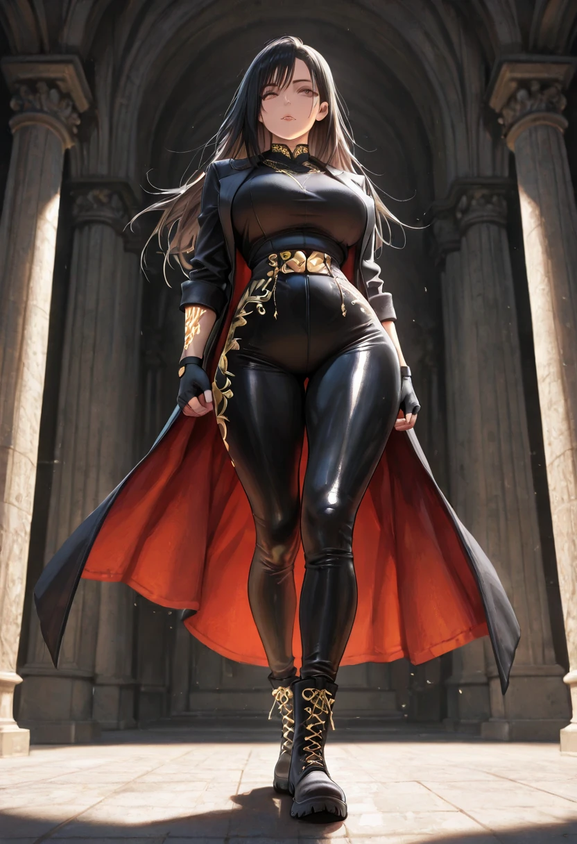 (best quality:1.5, highres, UHD, 4K, detailed lighting, shaders),best quality eyes, perfect hands, perfect finger, black curly haired, gradient hair, big breasts, red bra, big thighs, big butt, red jacket, red long pants, mature woman , (pov), black background, colorful eyeshadow, dramatic lighting, sparkling, happy expression, golden earrings, flowing hair, delicate facial features, dark skin, high cheekbones, urban setting, full body, black background, dont look for the camera, behind the camera