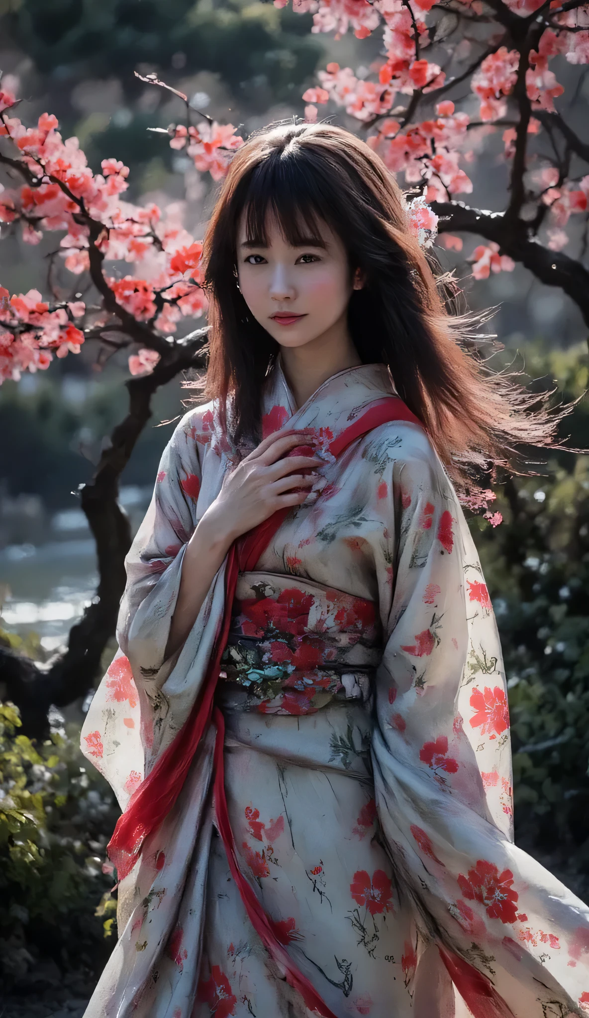 Utamaro's Ukiyo-e 、Beautiful Ukiyo-e composition、HD、4K、8k、16k、Woman uper high resolution、detailed description、A kimono with a bright white floral pattern that looks like art、(川沿いのライトupされた鮮やかな桜を見ている)、A work like the culmination of Ukiyo-e、 color difference、bewitching beautiful woman in beautiful Ukiyo-e、high image quality、 facial features 、((Spectacular natural scenery))、score_9, score_8_up, score_7_up,high res photos, masterpiece, best quality work, great quality, very detailed, Complicated Details, sharp detail、Focus on Your FACE, perfect hands, perfect anatomy, detail hand , detailed finger,Japanese、Outdoors、、髪はup、It goes well with kimonos、((A beautiful night view of cherry blossom trees in full bloom along the riverside lined with red lanterns))、A beautiful woman with a seductive expression、Cherry blossom petals are falling、((Beautiful night view of illuminated cherry blossom trees in full bloom along a river lined with red lanterns))、A seductive kimono