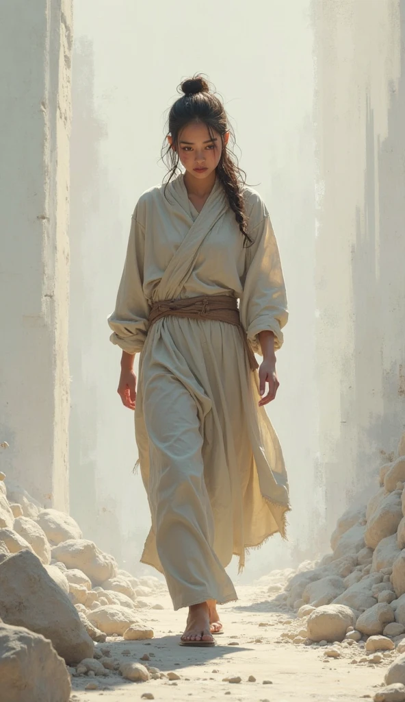 Medium shot. Lucy Liu standing in a desolate Star Wars landscape, with a white and beige Jedi suit. She holds her lit blue lightsaber in both hands., and in combat position. The soft, warm light of the twin suns casts a glow on your face, contrasting with the dark veil of the surroundings. A subtle lens flare. A sharp focus on your face, amidst the faded and tattered robes. Warm golden sunset background, warm golden tone, post-processing, live action, A masterpiece.