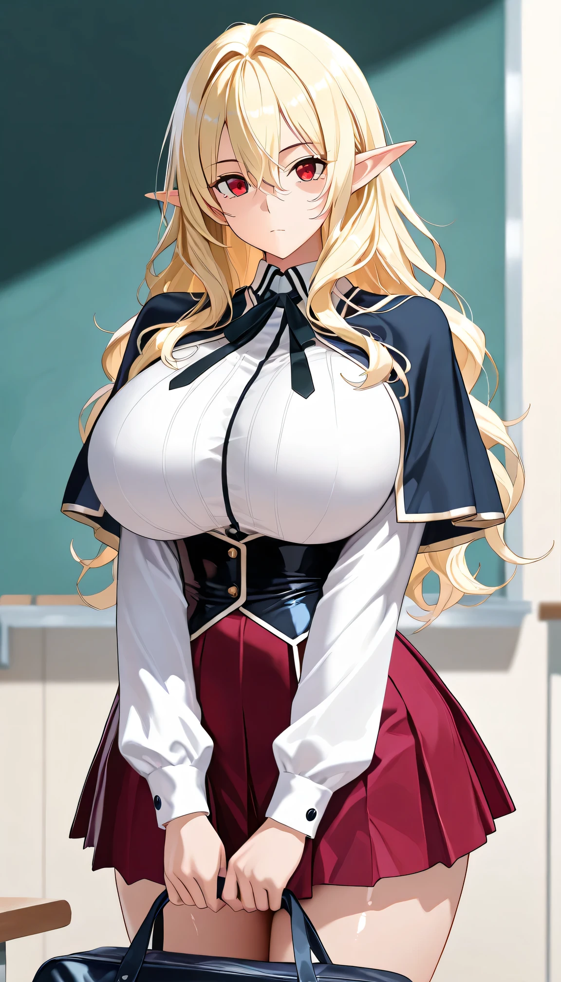 Masterpiece, source_anime, top-quality, perfect anatomically, correct anatomy, sharp focus, 4K, 8K, anime, 2D, 1girl, solo, beautiful face girl (doll-like face, yellow-blonde hair, long hair, wavy hair, hair between eyes, red eyes, eyes detail, porcelain skin, shiny skin, pointy ears (elf ears), sexy girl, sexy body, beautiful body, beautiful body and face, attractive body, perfect body, beautiful woman body (voluptuous), beautiful feminine body, sexy :8, beautiful symmetric body, with beautiful exotic, huge breasts first-rate breasts, slim waist (narrow waist, sexy waist, curvy), proportional to athleticism, wide hip, tight thighs, beautifully body, top Rated female body, Broad shoulder, dynamic details, perfect face, Highly detailed beautiful face and eyes, perfect hair (handled hair:1.1), cowboy shot, standing, behind chalkboard, v arms, holding school bag (Japanese school bag), emotionless face, indoor, detailed classroom background , kuohacademy, school uniform, black capelet, white shirt, black ribbon, neck ribbon, long sleeves, corset, red skirt, pleated skirt