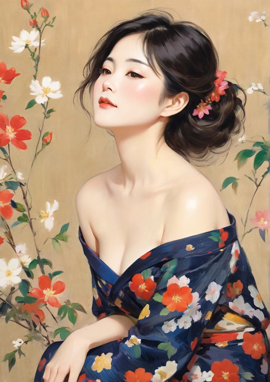 Geisha Sensual Beautiful Japanese Flowers Water Japanese Painting Drawing