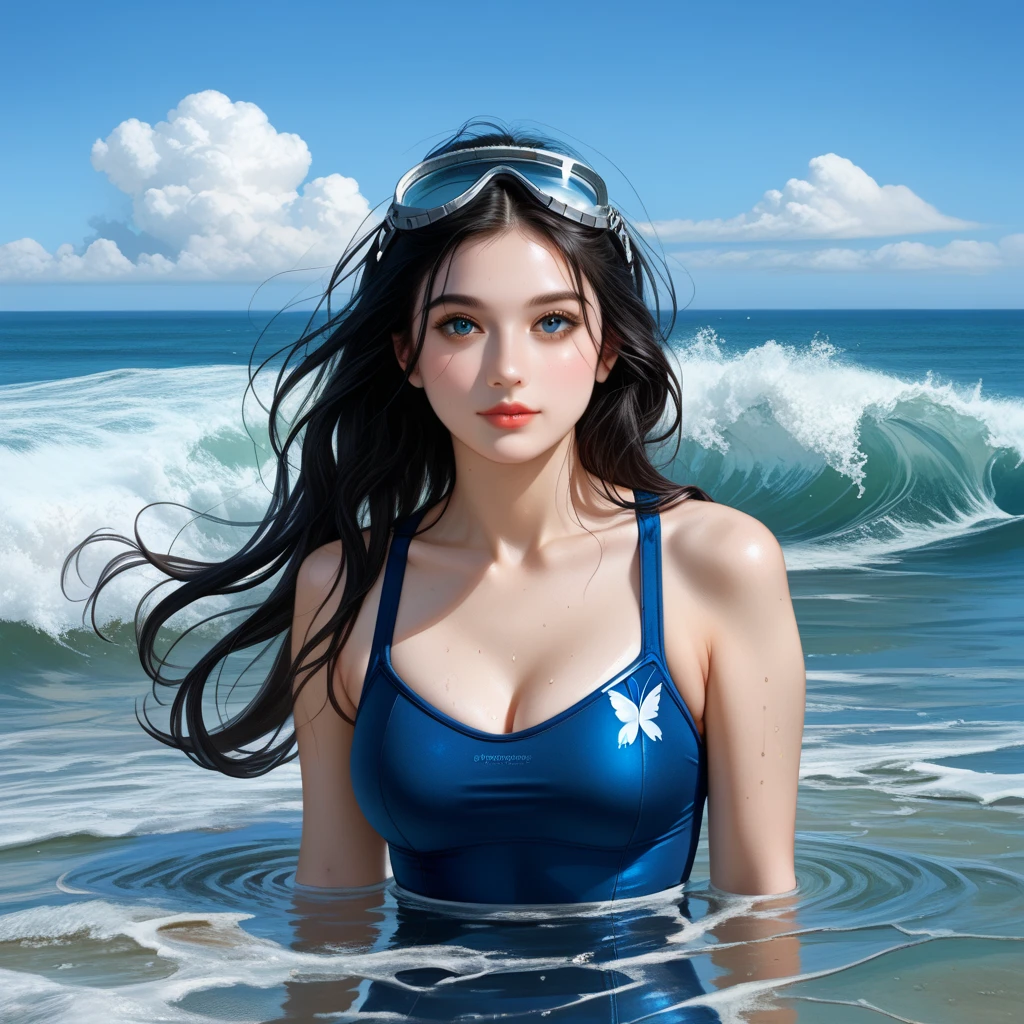 (Best Quality, Masterpiece: 1.4), (Realism: 1.2), (Realistic: 1.2), 4K, Detailed, Ultra Detailed, Detailed Face, (Ultra Detailed Eyes: 1.2), Undersea, Beauty, One-piece Swimsuit, Bare Back, High Split End, Long White Legs, Floating, Long Black Hair, Cats, Schools of Fish, Breaststroke