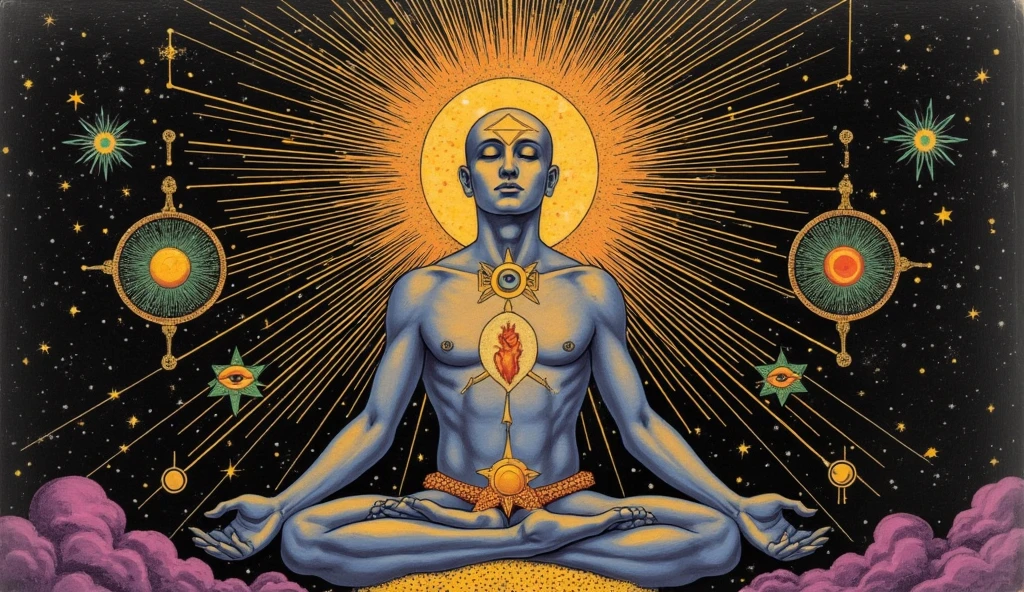 Create a woodcut style image digital art surreal art that depicts a mystical figure with divine characteristics,the figure can meditate,or pray to god,the figure strikes poses of spirituality connected with the astral, symbolizing control and harmony with the universe. Use a vibrant color palette, including blue, oranges and whites, to create heavenly contrast and a stunning visual effect,the figure shows the divine frequency