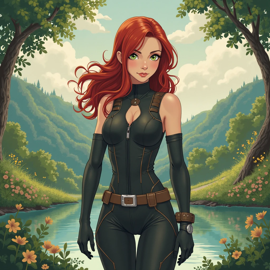 ((masterpiece), best quality, high quality, professional quality, highly detailed, highres, perfect lighting, natural lighting), Whirling and swirling, rash guard, Femme fatale, Short, Narrow Hips, Square Face, Fair Skin, Red Hair, yellow Eyes, Long Nose, Pouty Lips, Prominent Chin, Shoulder-Length Hair, Curly Hair, Shaggy Cut, small breasts, , teal metallic lipstick, Liquid trickling down in gentle streams, Majestic fjords and cliffs by water, perfecteyes eyes, <lora:lora_perfecteyes_v1_from_v1_160:1>