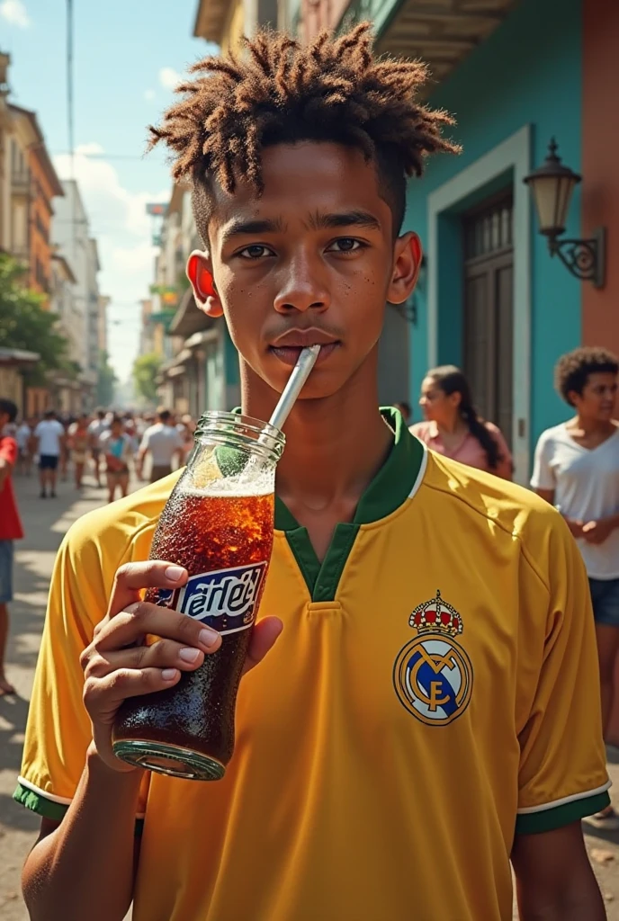 Sensual photo of a skinny guy with a mustache and rebellious light brown hair, He is in an alley in the favela , He is shirtless, he is drinking a can of Coca-Cola, sensual look at the camera, sensual man , skin tanned, strong muscular body 