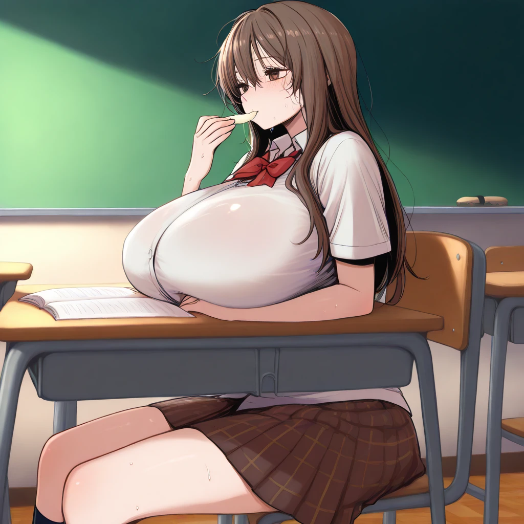 2d, masterpiece, best quality, anime, highly detailed, cowboy shot, 1girl, solo, monika, green eyes, very long hair, ponytail, school uniform, standing, leaning forward, arms behind back, smile, classroom, (huge breasts:1.6), (lactation:1.5), (blushing), (shirt buttons popping off:1.4)