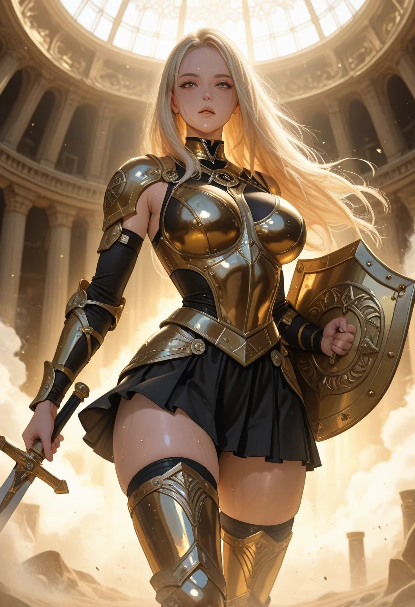 8k thor shaped woman with long muscular blonde hair wearing feminine armor covering breasts of large breasts detailed large thighs detailed voluptuous detailed with two muscular arms and two legs with hands holding the hammer