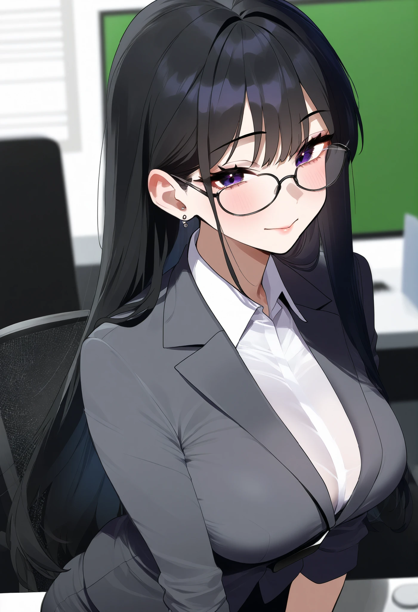 Female office lady with straight black hair、office、above the photographer、 troubled face、moist eyes