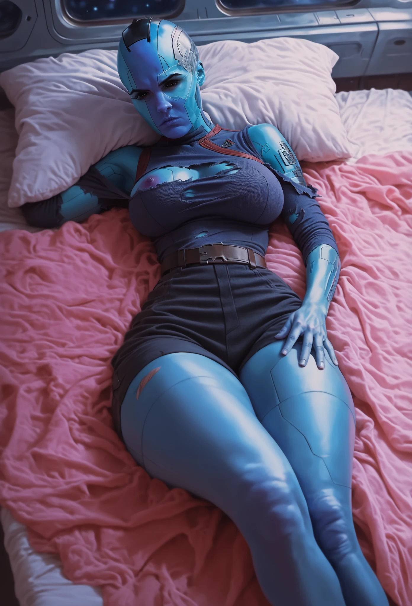 score_9, score_8_up, score_7_up, score_6_up, score_5_up, score_4_up, 1girl, NebulaG, ripped top, sexy pose, serious face, black eyes, exposed shoulder, laying on bed, in a spaceship, hourglass figure, large breasts, hyperrealistic, full body shot, laying elegantly on the bed, thick thighs, blue skin