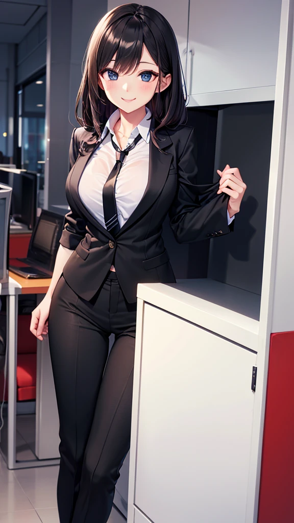 julia chang, brown eyes, glasses, brown hair, twin braids, glasses,white latex Blazer Uniform, white corset,Cleavage,big breast, Black Satin Reeves, white belt, black latex skirt, white shoes, standing in the Office