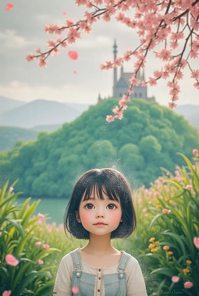 little girl by the lake, Squirrels playing under the tree, wildflowers, Toyama, Blue sky.