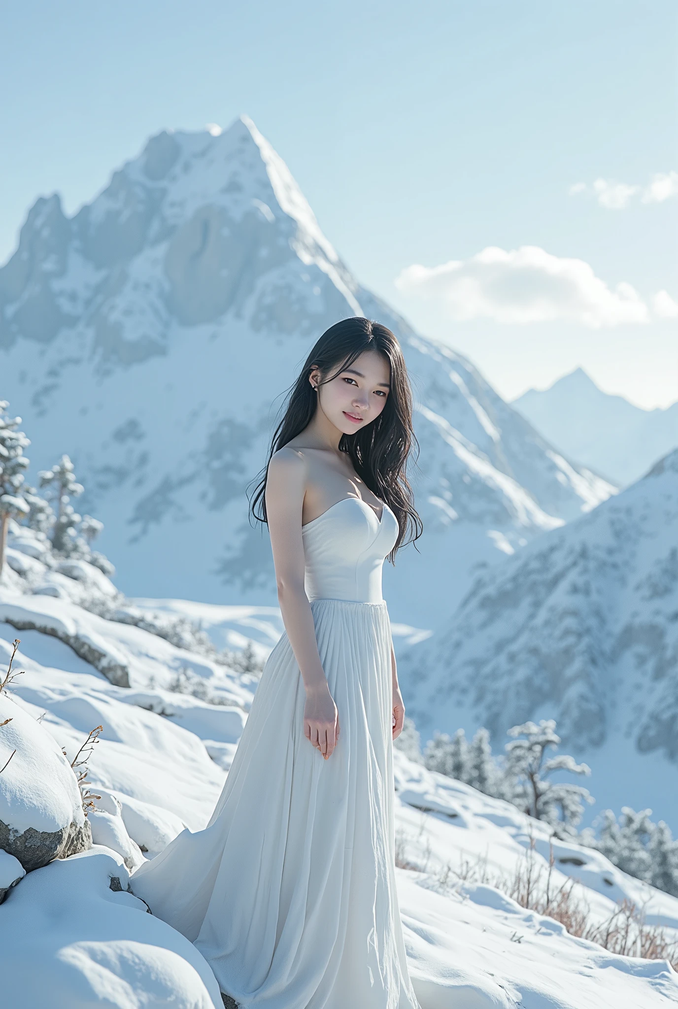 (ultra Realistic) , (illustration), (Enhance resolution), (8k), ( Extremely Detailed), ( detailed face ), Slim Body, in the dark , deep shadow, low profile, pureerosfaceace_v1, Happy smile, Winter, Mountain