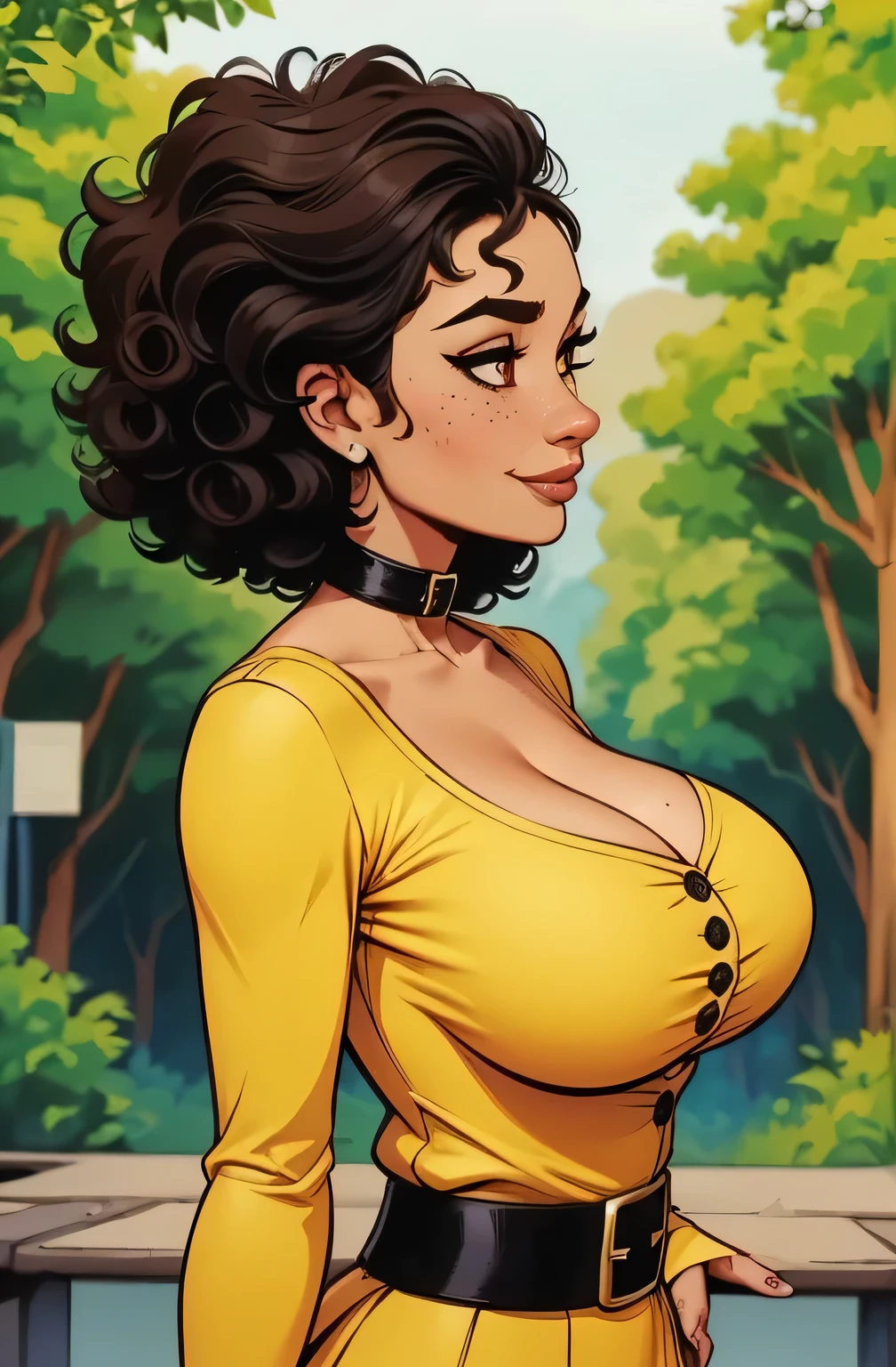 (absurd lines, HD, Ultra Delicate ,  be careful with your hand) Close-up of an athletic woman, Skinny and busty, 25 anos, 8k (high definition), Beautiful Smile, look seductive, brown eyes, round nose, Secretary wearing a yellow dress shirt ((Gola V, buttons, long sleeves)), discreet belt and skirt , arms positioned behind her body, pele negra, black hair ((short and curly)), She is walking in a jungle ((upper body theme, side view)),  with freckles on your chest and neck , ((big round breasts, suados)), ((Well defined collarbone)). Marvel style ((HQ)), forest in the background.