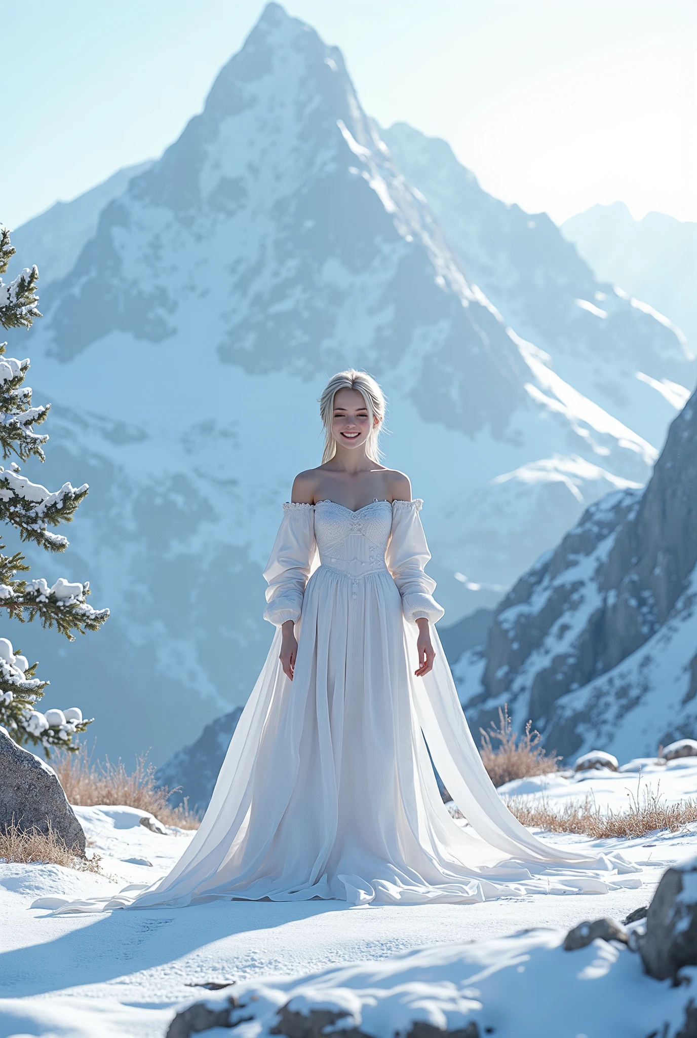 (ultra Realistic) , (illustration), (Enhance resolution), (8k), ( Extremely Detailed), ( detailed face ), Slim Body, in the dark , deep shadow, low profile, pureerosfaceace_v1, Happy smile, Winter, Mountain