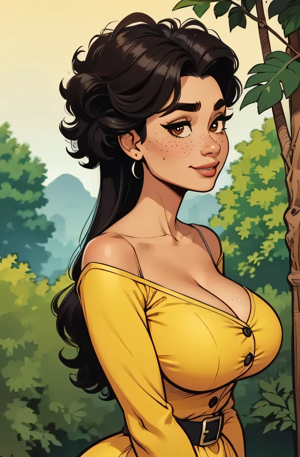 Gorgeous and sultry busty athletic (thin) brunette with sharp facial features and a (large nose) and (huge boobs) wearing a pale yellow sundress, long dress, skindentation, cleavage, park, lake, picnic