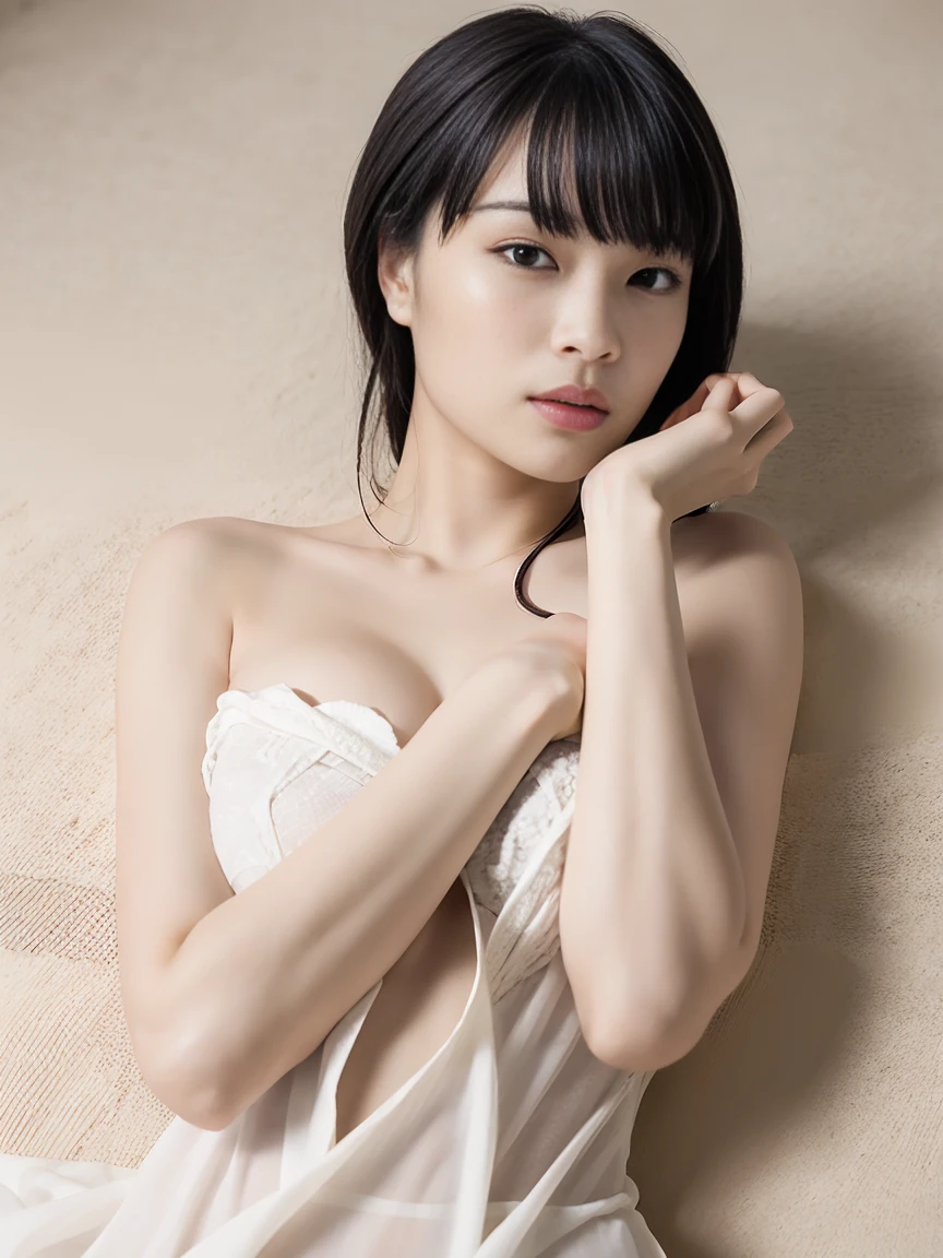 (highest quality, 8k, 32k, masterpiece, Ultra-high resolution:1.2),Beautiful Japanese Women Photos, short hair,squat,(White shirt draped over shoulders, Don't stop the button)、Simple Background,topless、