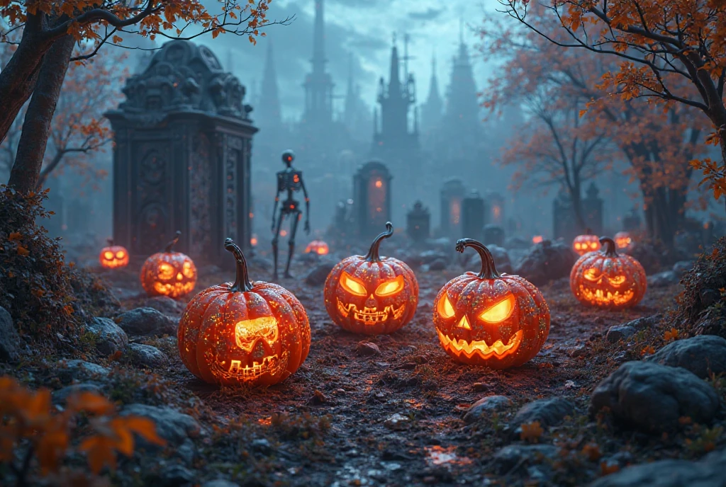 I want a frame, square and with black leaf patterns, a skull on the left, a wizard house on the right, and Halloween pumpkins in the background, but the frame should be in the middle and not cover the entire picture, medium size