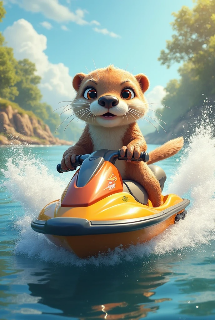 coco, furry, (((Masterpiece))), (amazing background details), (amazing lighting), wet orange fur (whole body), (detailed wet fur), wet blonde hair, wet ponytail, goggles on head, pointy ears, black nose, blue eyes, :3, determined look, looking away, smile (mouth closed), wet white shirt (translucent), medium boobs, pink bikini, pink nails, (looking on laptop:1.2), riding a jet ski, wave riding, outside (ocean, daytime), waves, light rays (raytracing), close-up shot