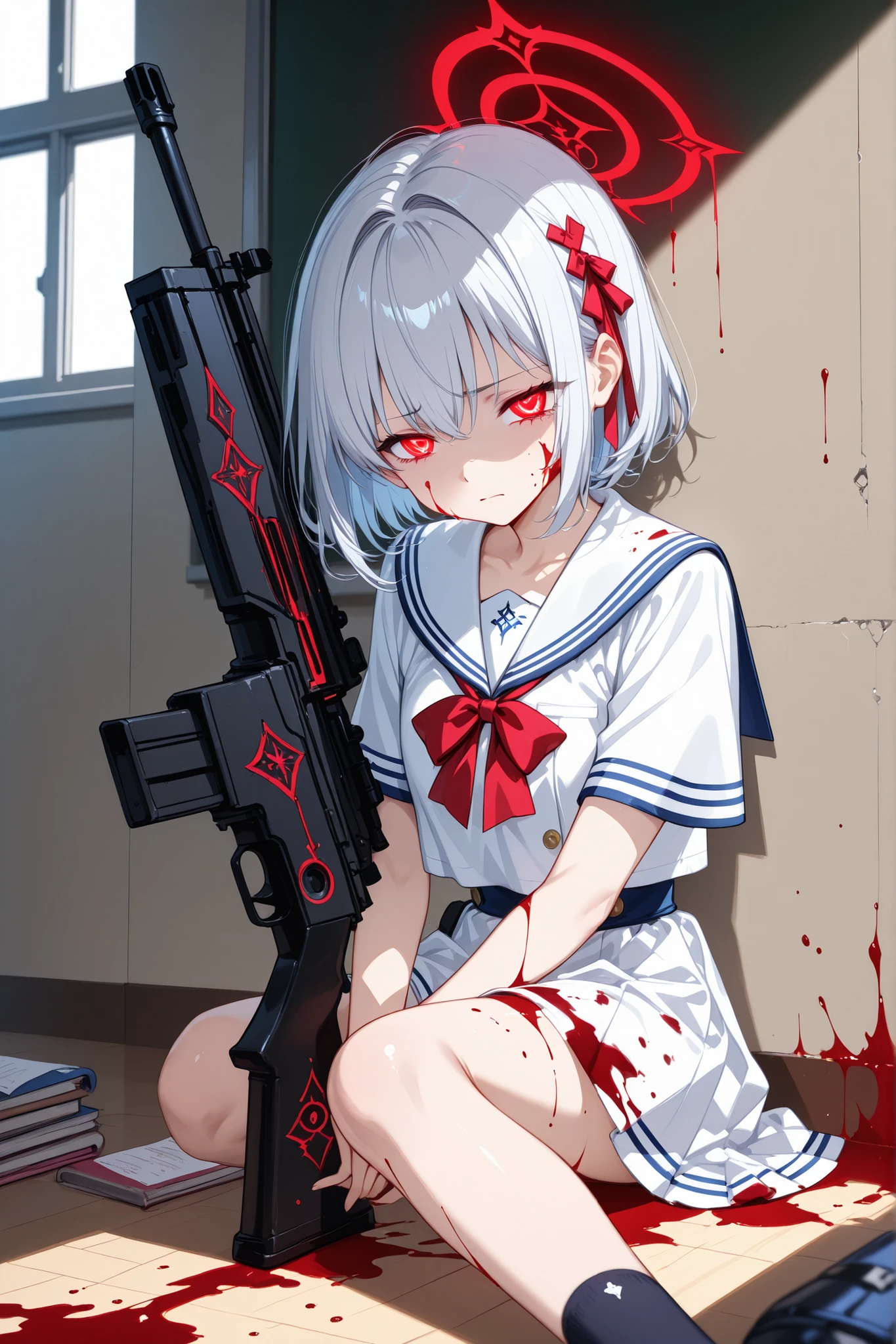 sad expression、short hair with silver hair、bungs、Bloody Uniform、white blouse with bloody blue sailor collar、red bow tie、bloody blue itting pose、Leaning against the wall、With a rifle、Bow your head、Close your eyes、with blood on her face and clothes、Classroom、white paneling wall、Blood stains on the floor、strong lighting from the right、dramatic shadows、intense gloomy atmosphere、close-up shot、clearly in focus on the person、Emotional Impact