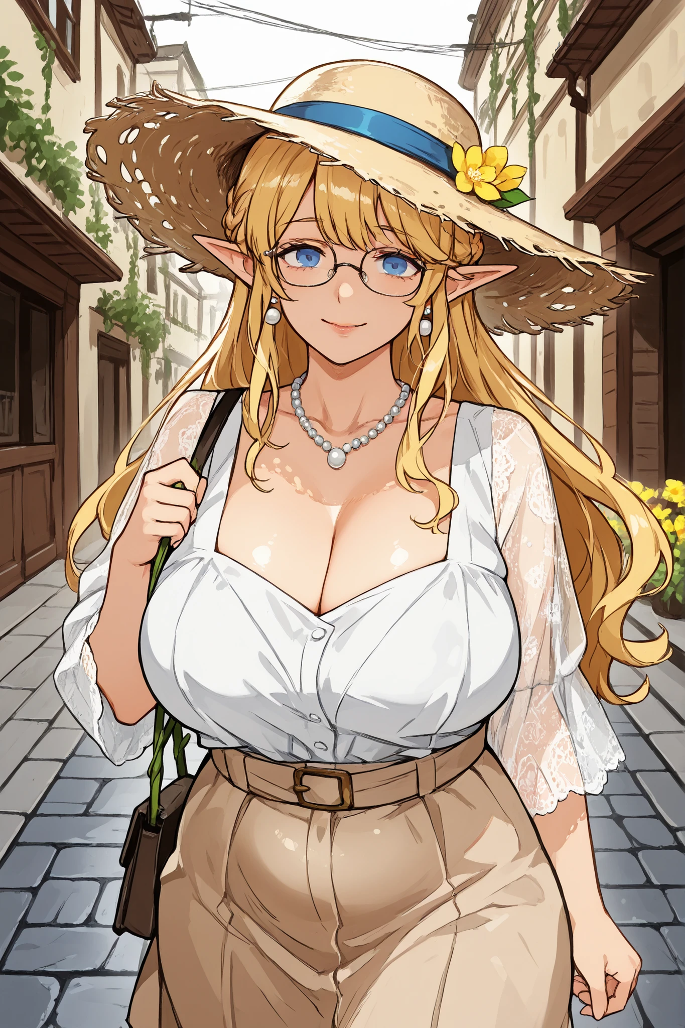 (masterpiece), best quality, expressive eyes, perfect face.
"A beautiful mature elf woman with body fat, bbw body, chubby body, plump body, voluptuous body, and updo blonde hair, blue eyes, large breast, saggy breast, cleavage, wearing a glasses, vintage-style blue and white dress with lace sleeves and a beige skirt. She has a wide-brimmed straw hat with flowers, pearl earrings, and a necklace. She is smiling warmly while walking down a charming European-style street with cobblestone roads and elegant buildings covered in green vines and yellow flowers. The scene is bathed in soft sunlight, giving a warm and inviting atmosphere. The art style is highly detailed, semi-realistic with anime influences, featuring soft lighting and intricate textures."